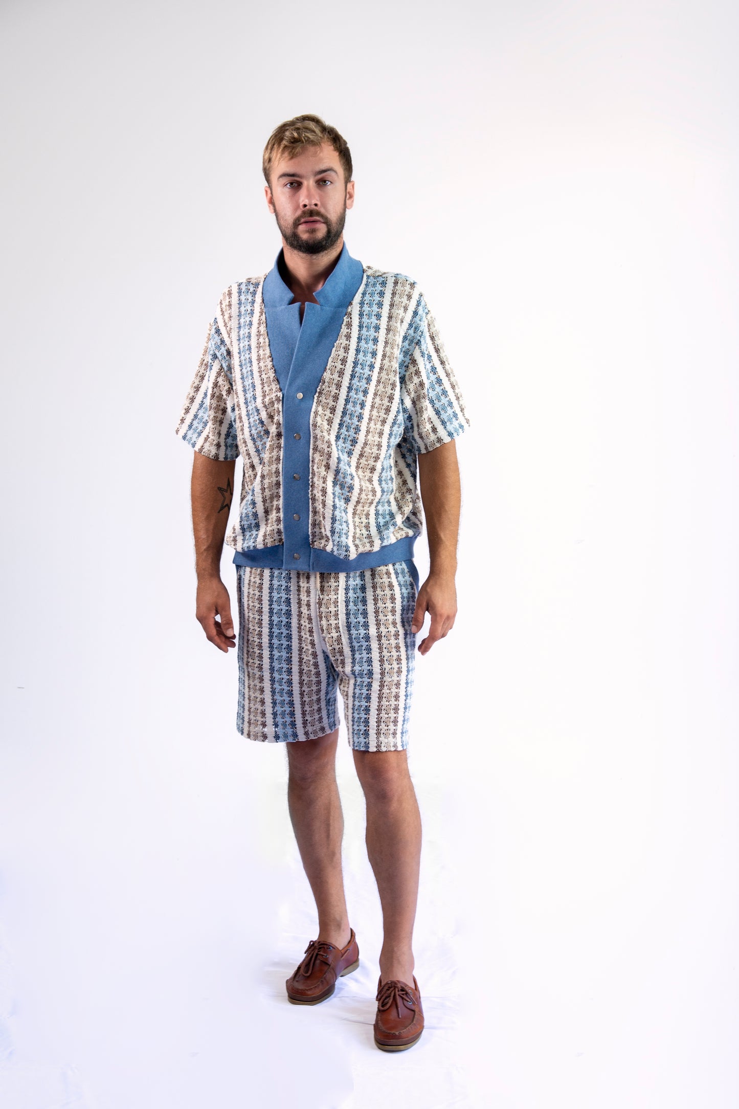 White and Blue Cardigan and Shorts Set